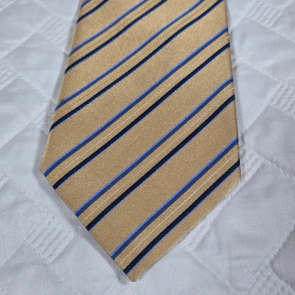 Donald Trump Signature Necktie Silk Tan Brown Blue Stripe Tie